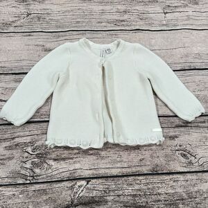 Janie and Jack White Knit Cardigan With Pom Poms along Bottom, Size 6-12 Months